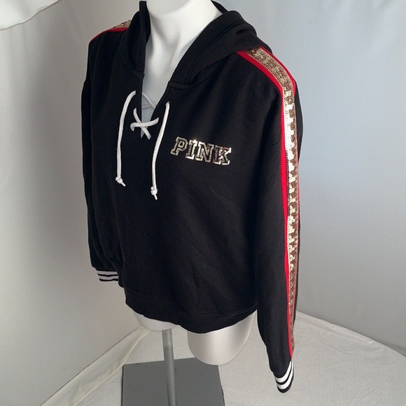 Victoria’s Secret Rose Bling black lace up sequin hoodie L - Picture 5 of 14